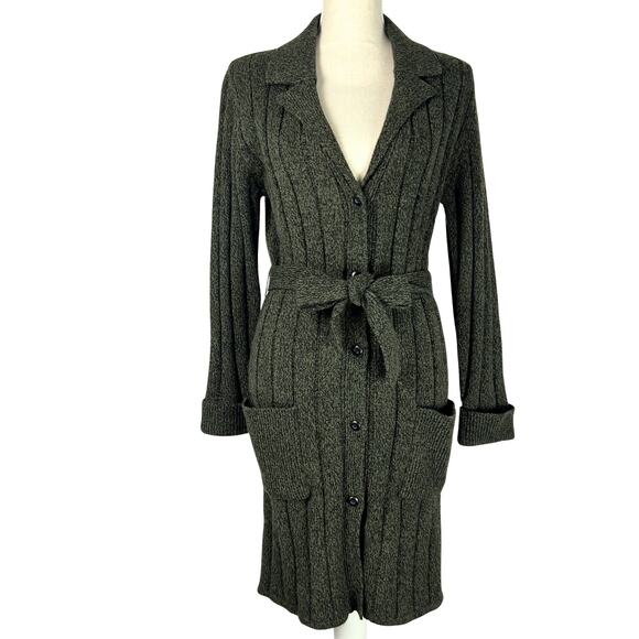 Distinctive New York Sweaters - Vintage Distinctive Olive Green Belted Cardigan Dark Academia Cottagecore S